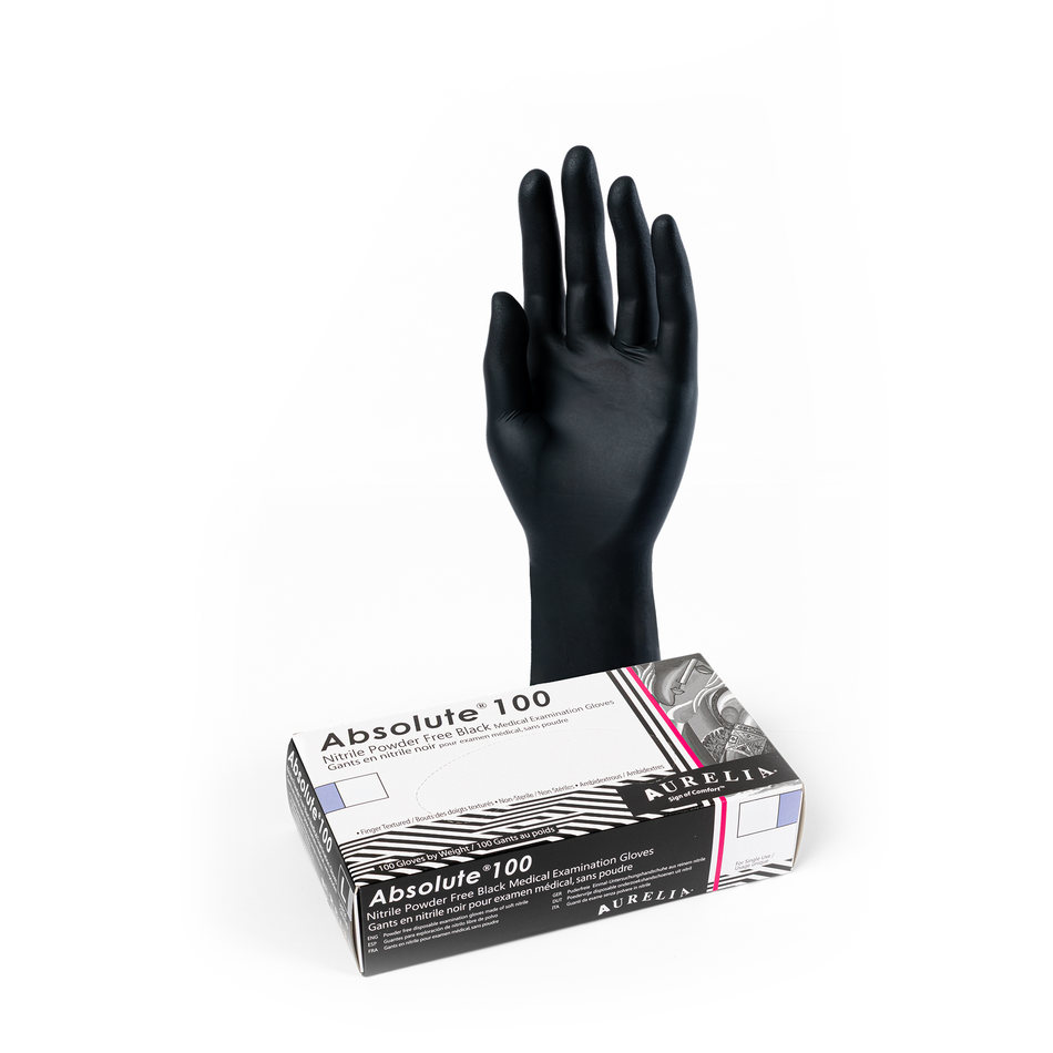 Gants en nitrile Absolute AURELIA noirs sans poudre – boîte de 100 (ultra stretch, texturés)